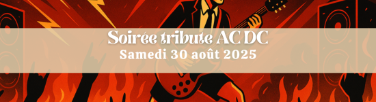 Illustration d’une soirée tribute ACDC avec guitariste en tenue de scène, ambiance rock, foule enflammée et éclairs, pour le spectacle du 30 août 2025 au Royam à Savenay.