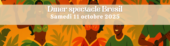 Illustration d'une soirée brésilienne festive avec capoeira, danseuses et musiciens, pour le dîner-spectacle du 11 octobre 2025 au Royam à Savenay.