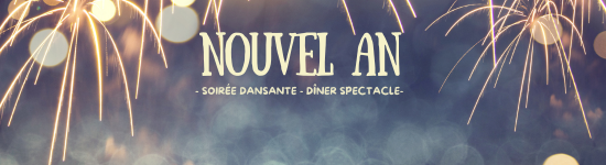 Visuel festif avec feux d’artifice et texte “Nouvel An – soirée dansante – dîner spectacle”